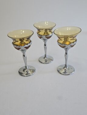 Vintage Farber Bros Krome Kraft Set Of 3 Amber Cocktail Glasses Chrome Stem